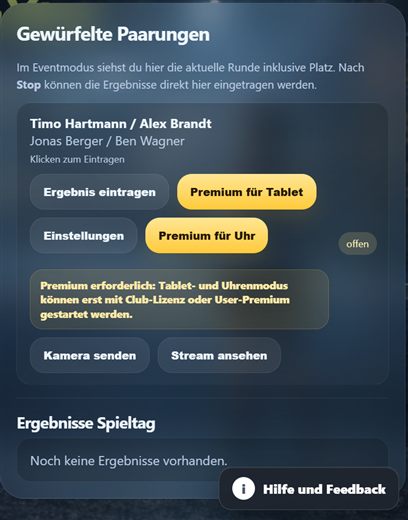 Live Aktionen f&uuml;r ein Match