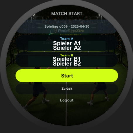Anonymisierter Match Start Screen der Uhr mit Spieltag, Teams und Start Button
