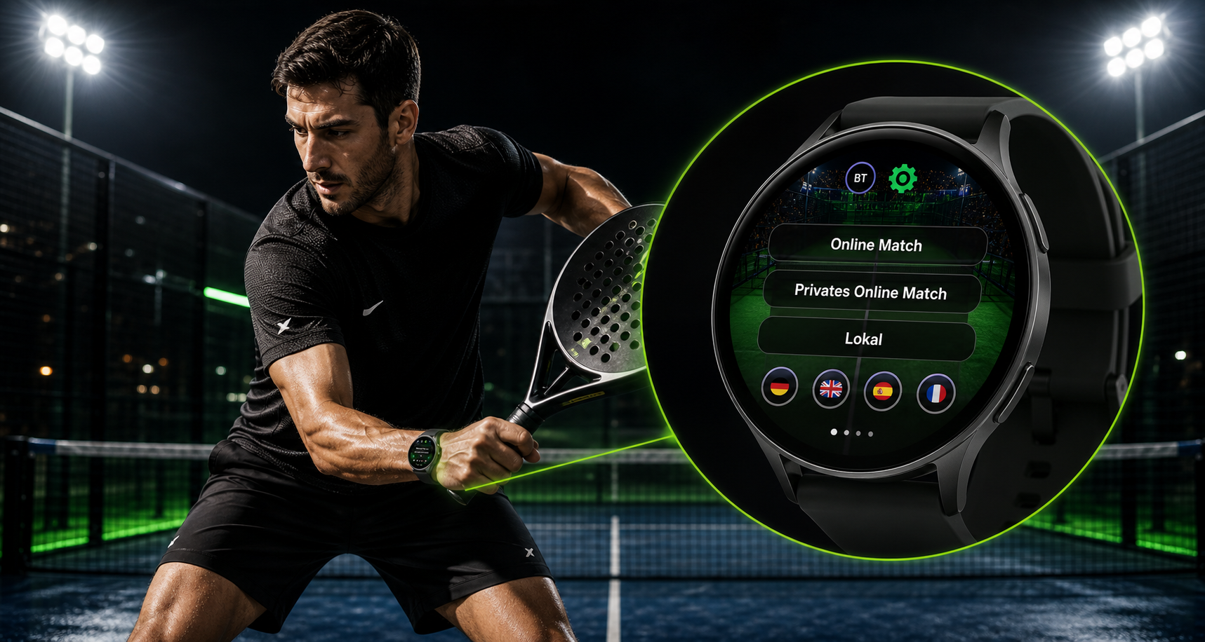 Padelspieler mit Smartwatch und vergrößerter PadelLigaXtra Watch-App